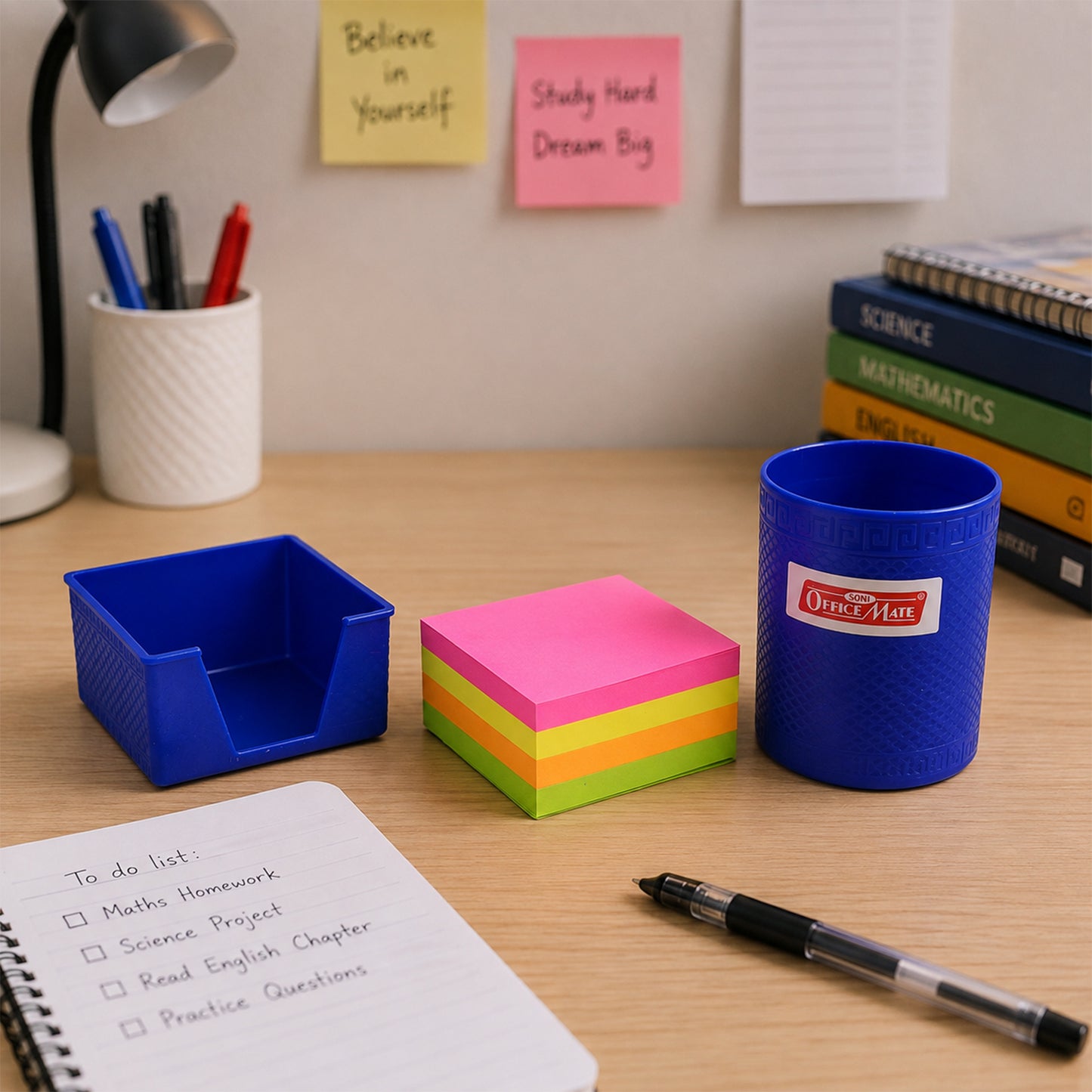 2-in-1 Desk Organiser with Pen Holder & Color Sticky Notes for Office and Study