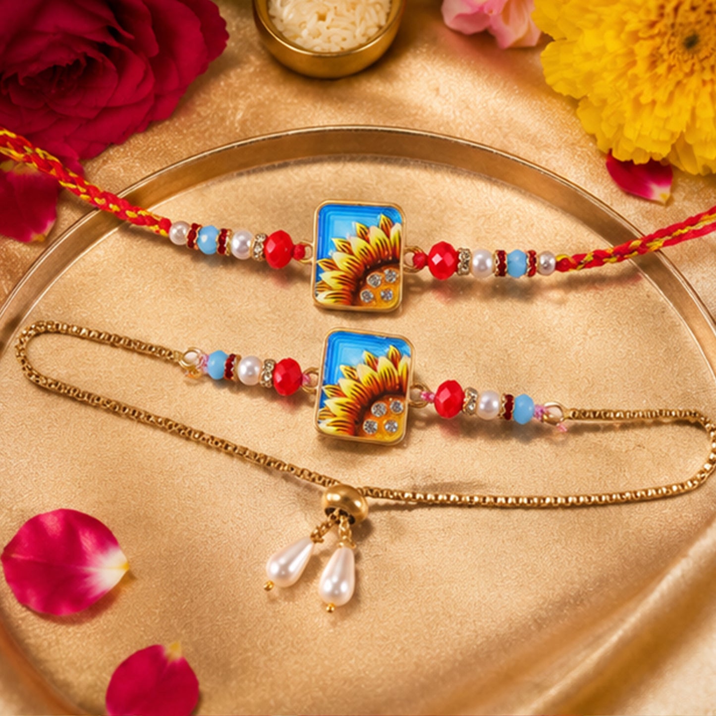 Sunflower Printed Rectangle Crystal Pearl Beads Bhai Bhabhi Rakhi Lumba Set
