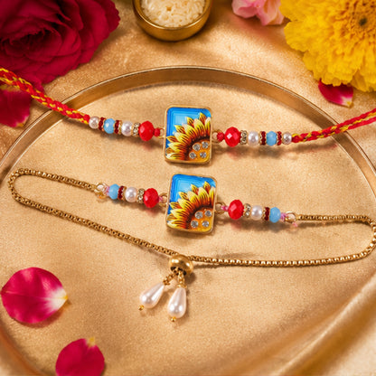 Sunflower Printed Rectangle Crystal Pearl Beads Bhai Bhabhi Rakhi Lumba Set