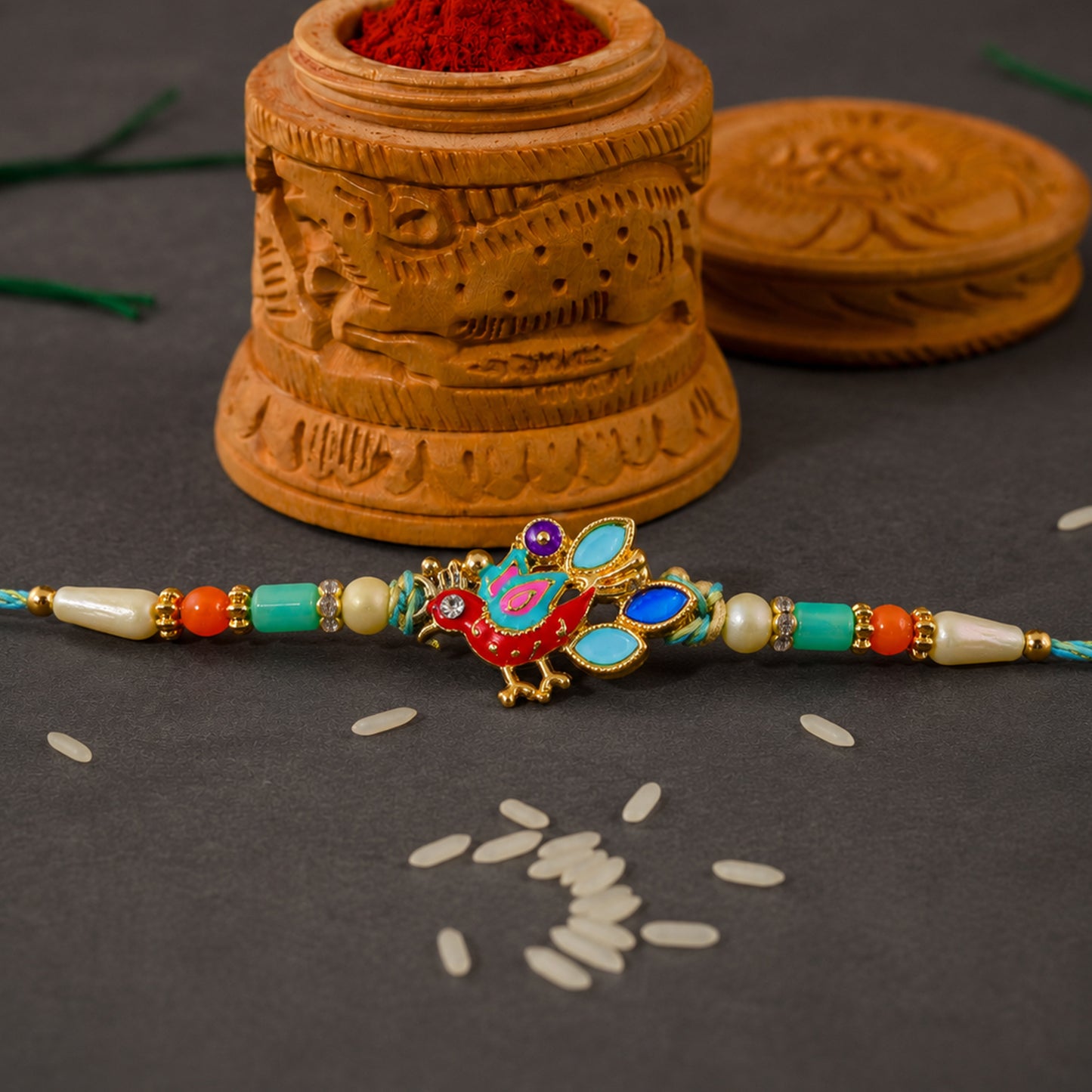 Colorful Enamel Peacock Pendant Rakhi with Multicolor Beads