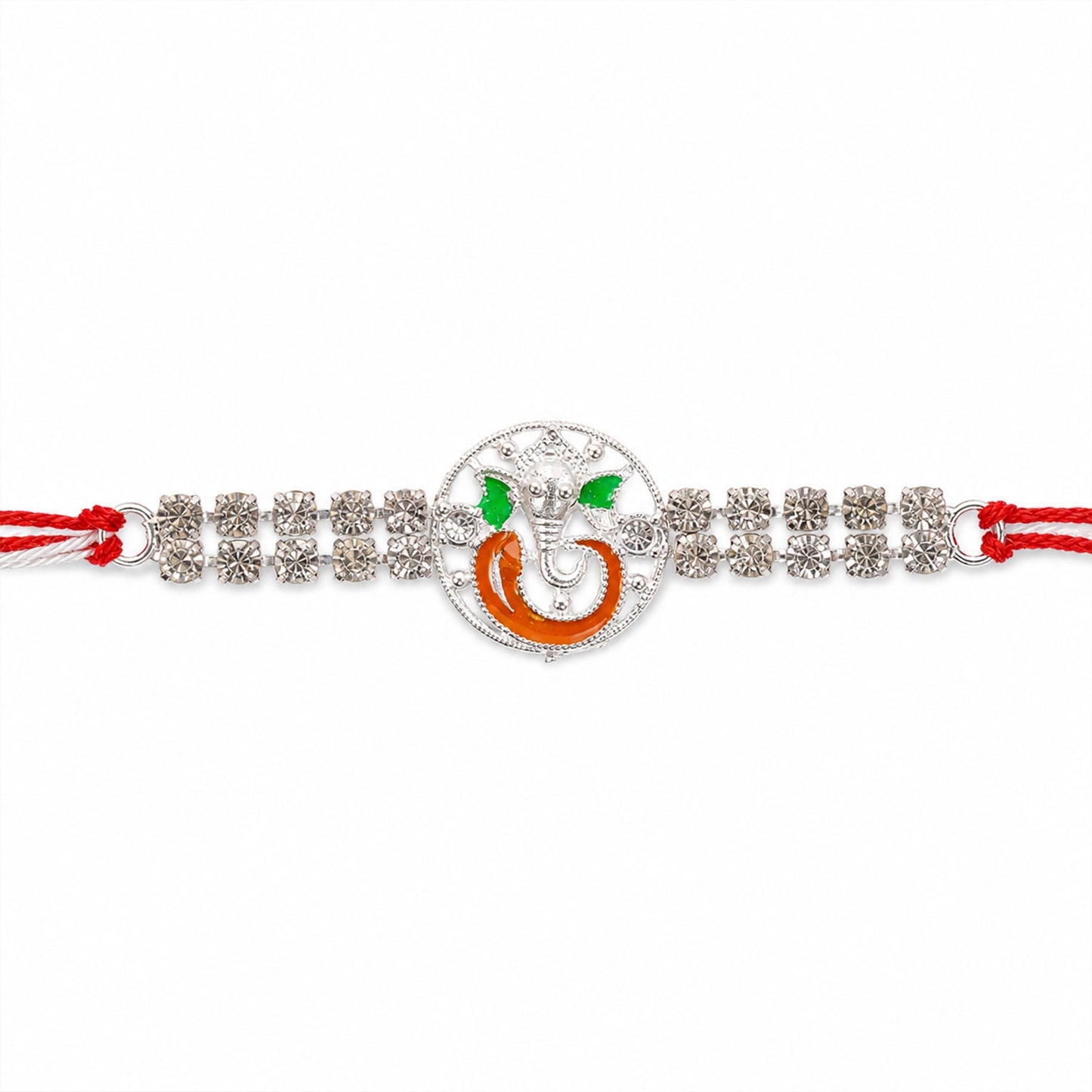 Silver-Toned Lord Ganesha Rakhi with Orange-Green Enamel, Double Crystal Chain & Red-White Thread