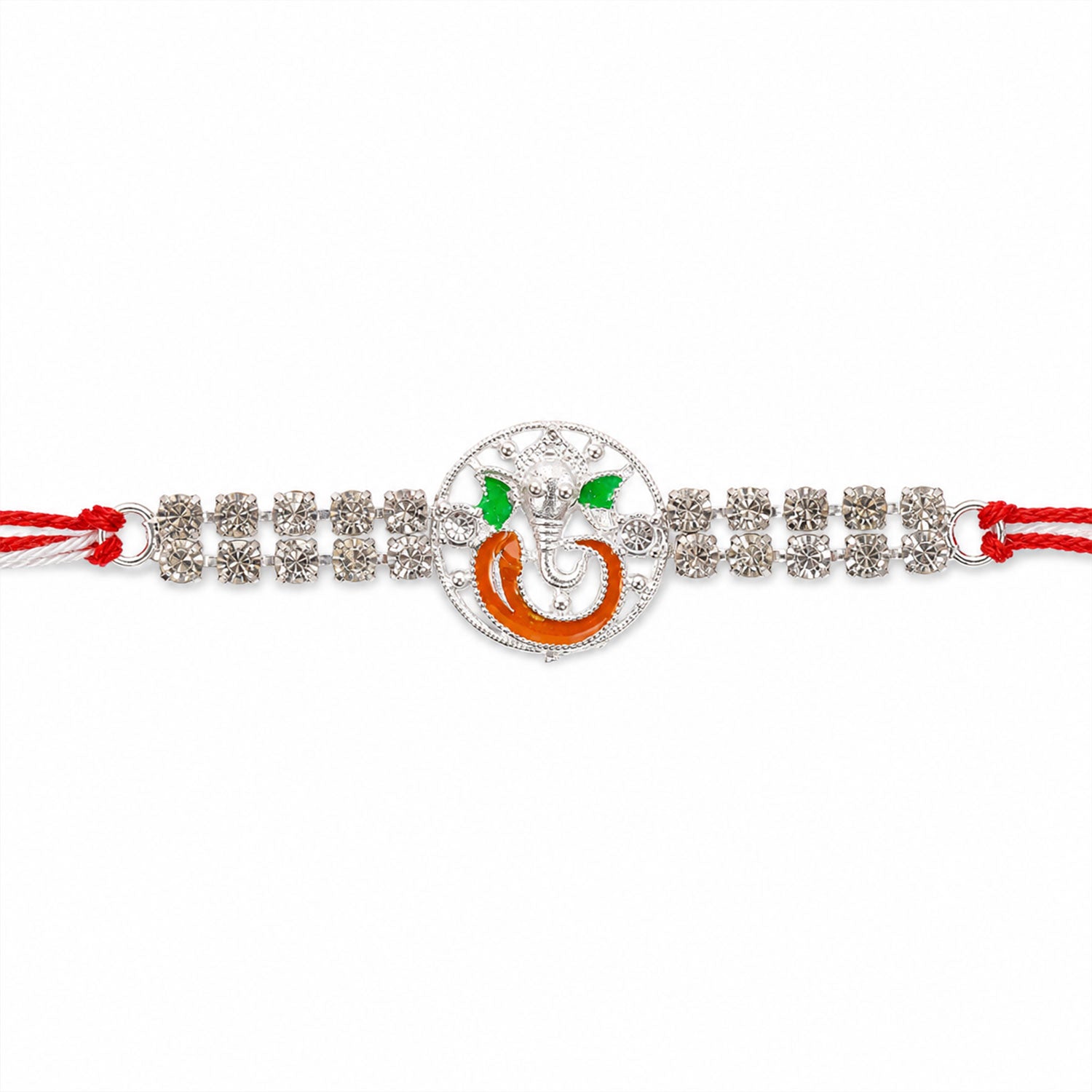 Silver-Toned Lord Ganesha Rakhi with Orange-Green Enamel, Double Crystal Chain & Red-White Thread