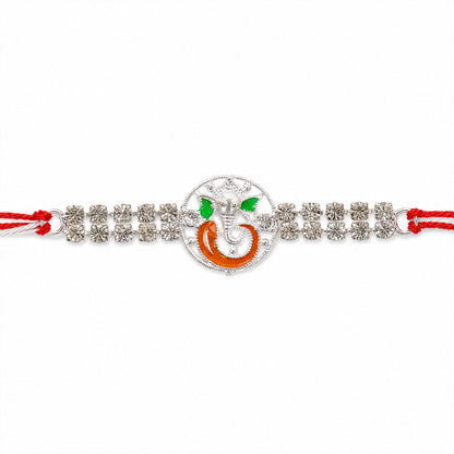 Silver-Toned Lord Ganesha Rakhi with Orange-Green Enamel, Double Crystal Chain & Red-White Thread