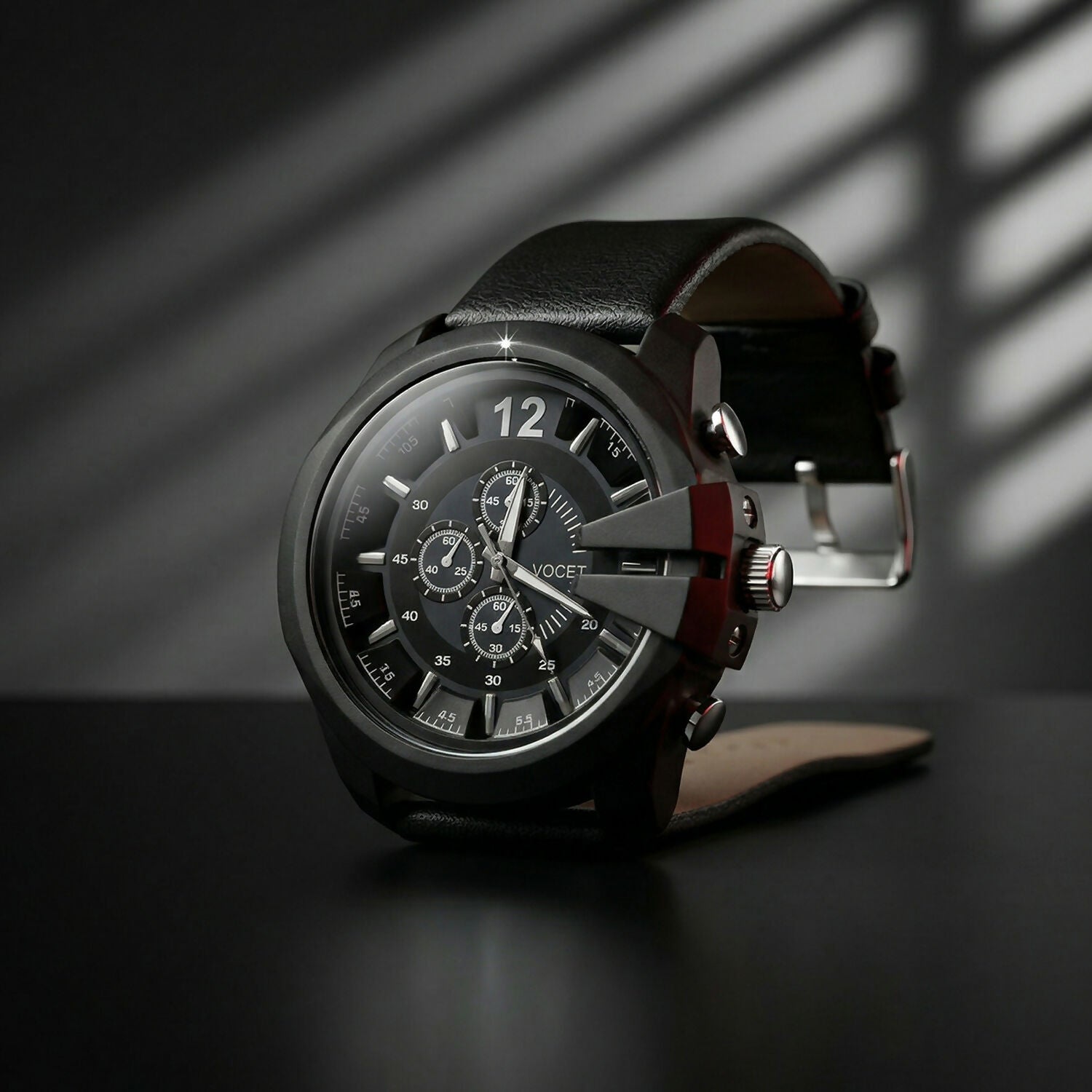 Bold Black Multi-Dial Chronograph Style Analog Wrist Watch with Protective Crown Guard & Leather Strap for Men
