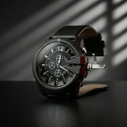 Bold Black Multi-Dial Chronograph Style Analog Wrist Watch with Protective Crown Guard & Leather Strap for Men