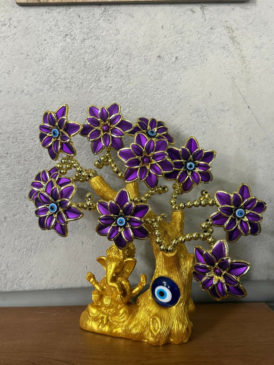Golden Ganesh Tree with Purple Flowers & Evil Eye | Decorative Showpiece