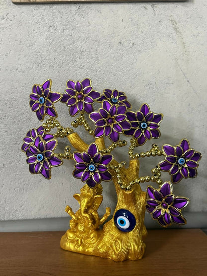 Golden Ganesh Tree with Purple Flowers & Evil Eye | Decorative Showpiece