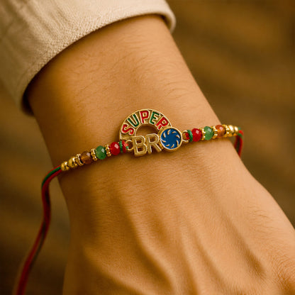Super Bro Golden Rakhi with Colorful Beads, Blue Charm and Premium Festive Look