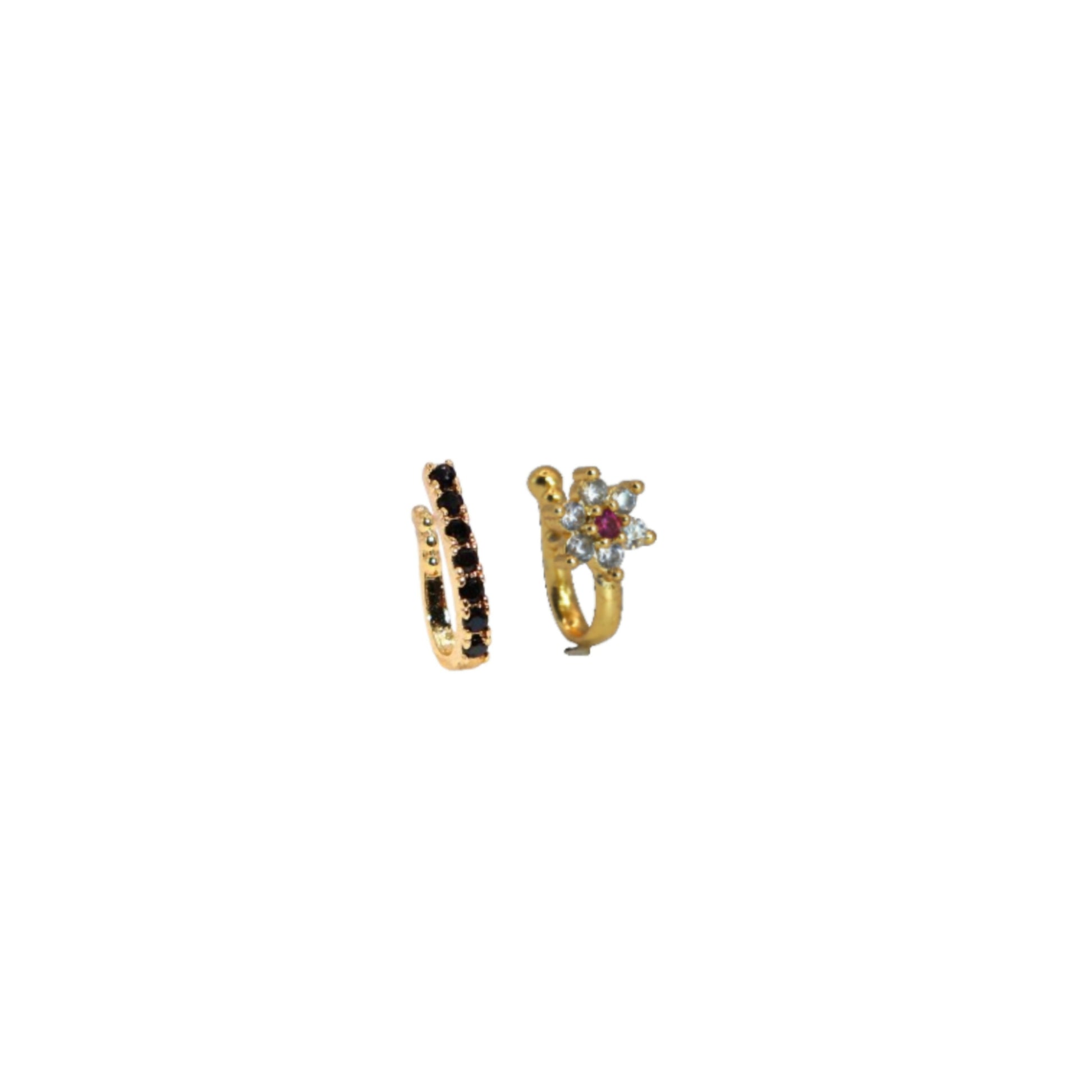 Floral bloom gold tone clip-on nose ring with red and clear cubic zirconia stones