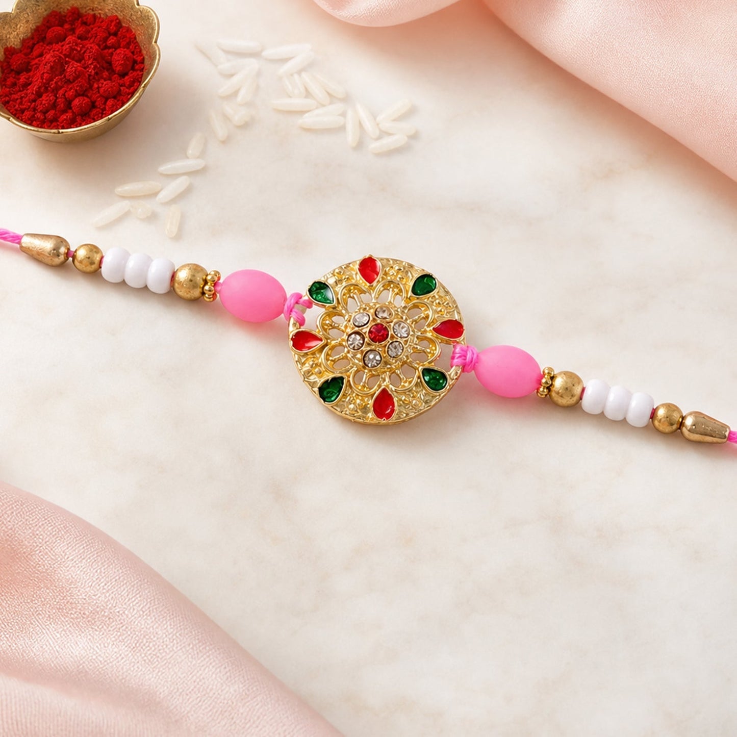 Round Floral Kundan Rakhi with Beads for Raksha Bandhan Special (10pcs)