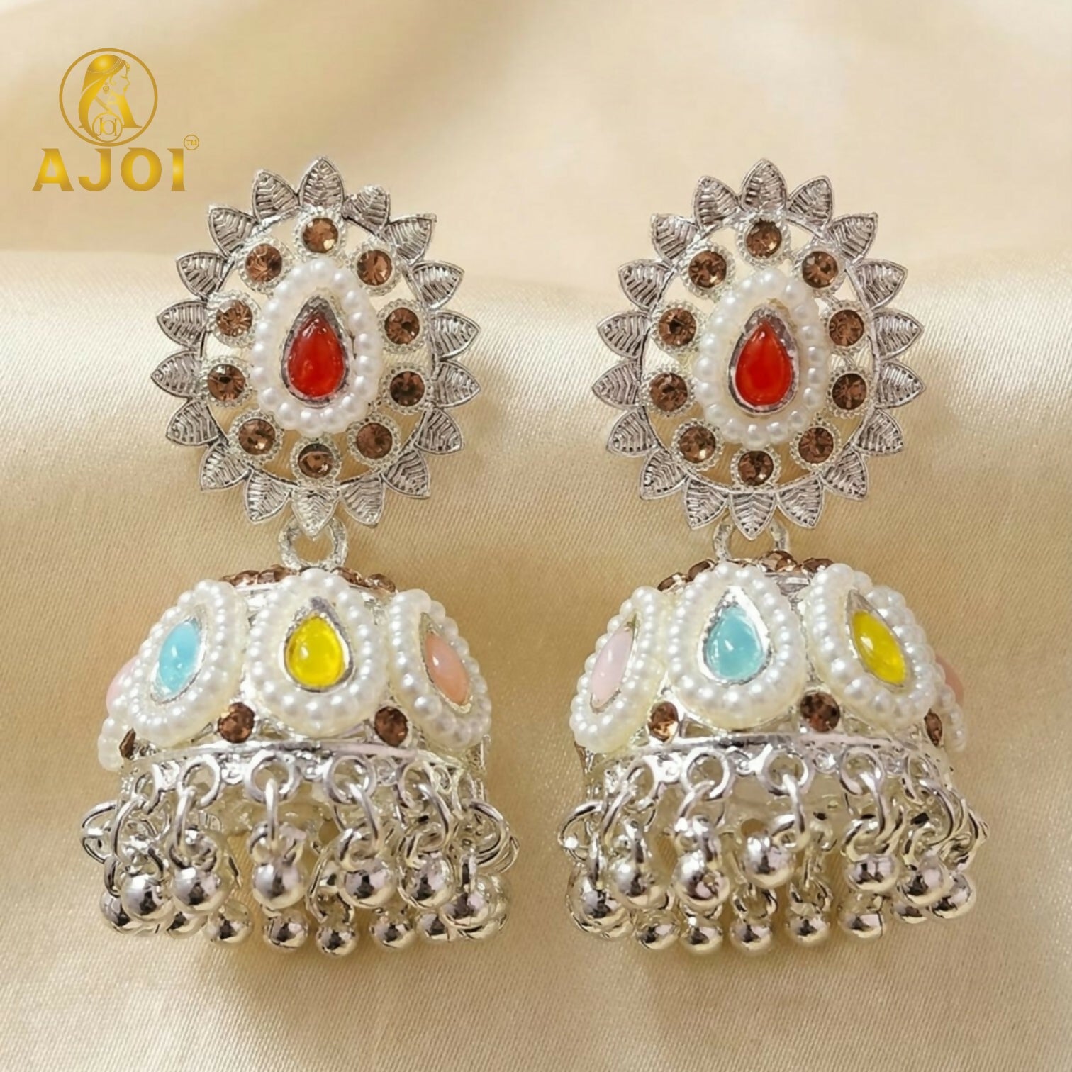 Royal Silver-Tone Kundan Jhumka Earrings with Multicolor Stone Inlay & Pearl Drop Detailing