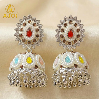 Royal Silver-Tone Kundan Jhumka Earrings with Multicolor Stone Inlay & Pearl Drop Detailing
