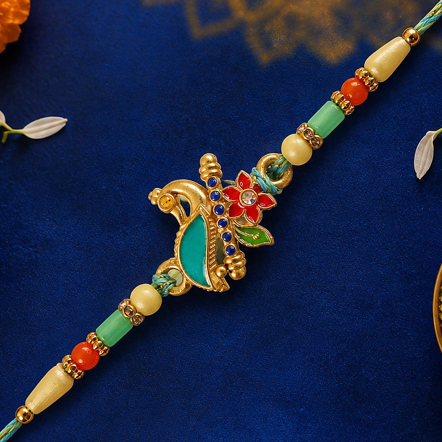 Teal Peacock Enamel Pendant Rakhi with Kundan Flower Accent