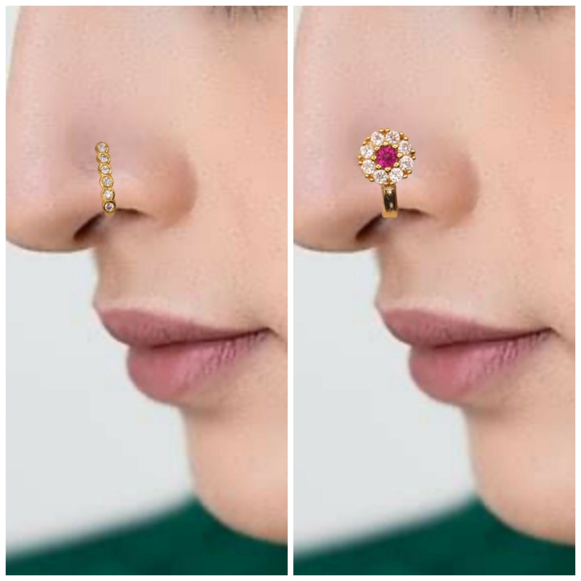 Ruby CZ Gold Plated Non-Piercing Flower Nose Ring/Clip-On Nath Combo Pack of 2