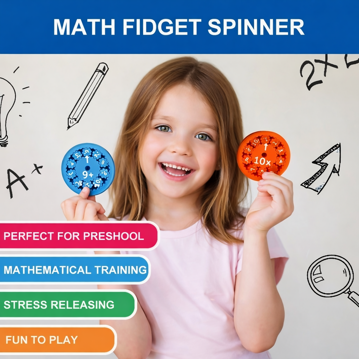 Close-up view of colorful math fidget spinner showing multiplication problems