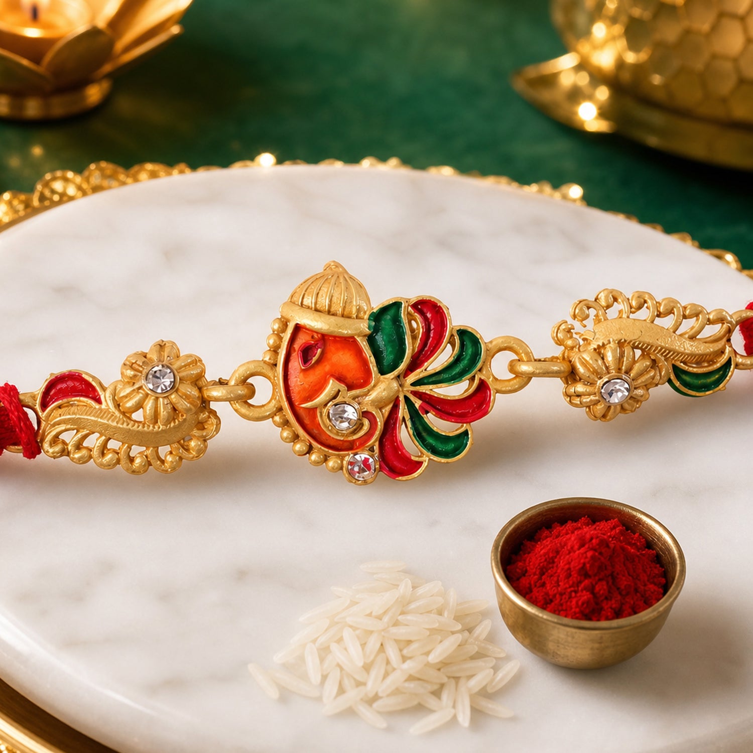Gold-Toned Lord Ganesha Rakhi with Multicolor Enamel, Crystal Accents & Designer Red Thread