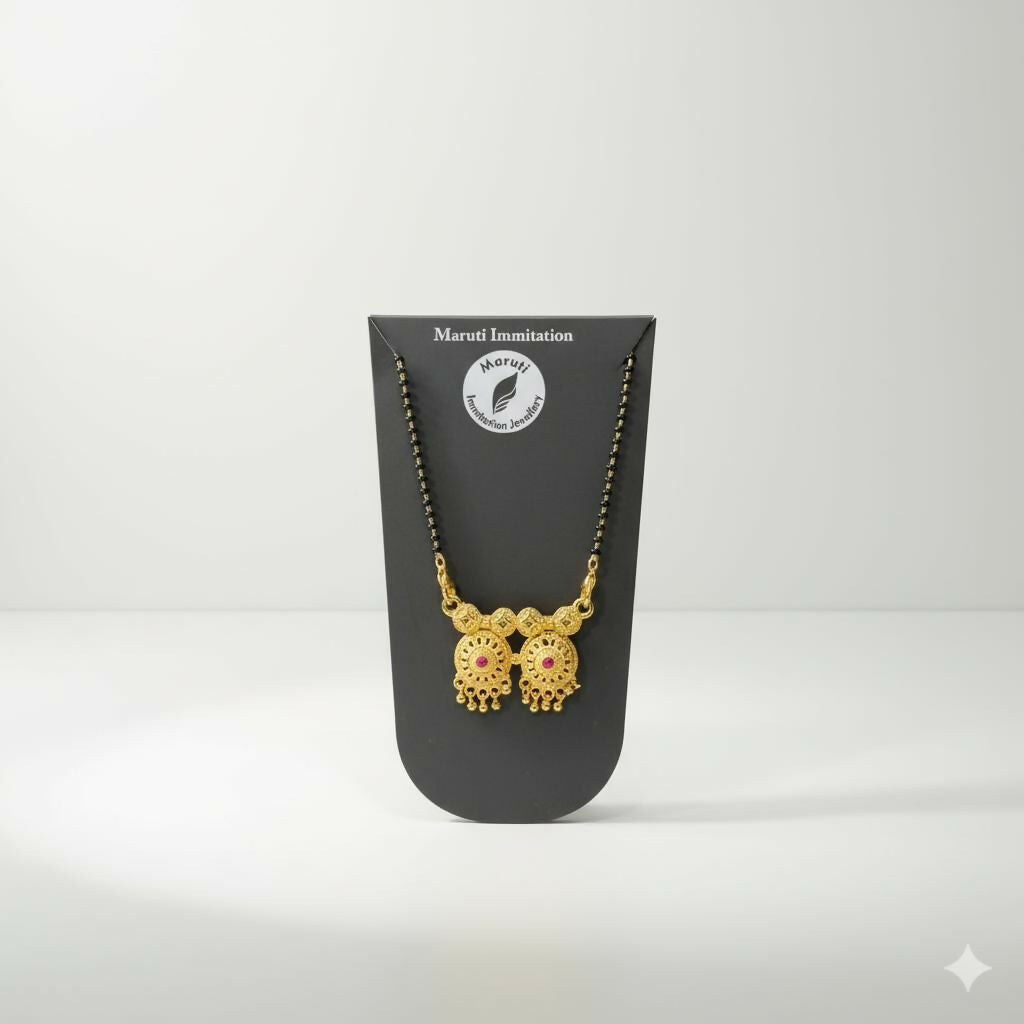 Traditional Gold-Tone Dual Pendant Mangalsutra – Elegant Black Bead Chain