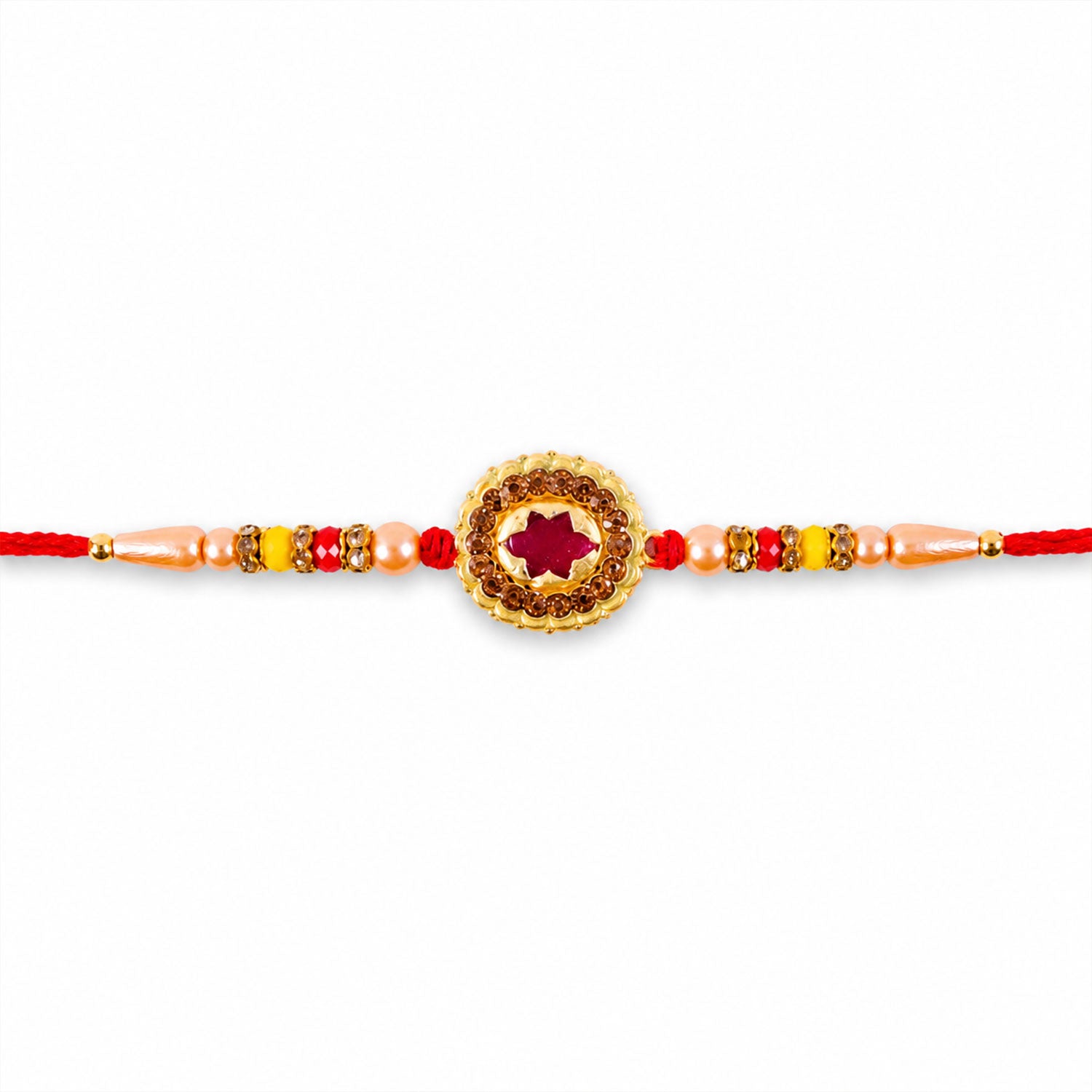 Antique Gold Maroon Star Floral Rakhi for Brother with Pearls & Beads