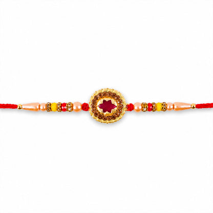 Antique Gold Maroon Star Floral Rakhi for Brother with Pearls & Beads