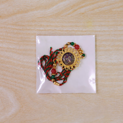 Hand Painted Ganesha Medallion Rakhi with Red Beads