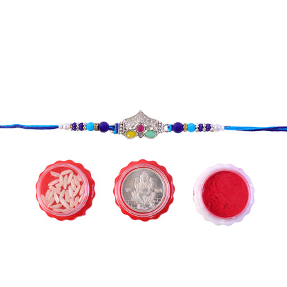 Silver Crown Temple Rakhi with Multicolor Stones, Roli Chawal Coin and Card Gift Packing
