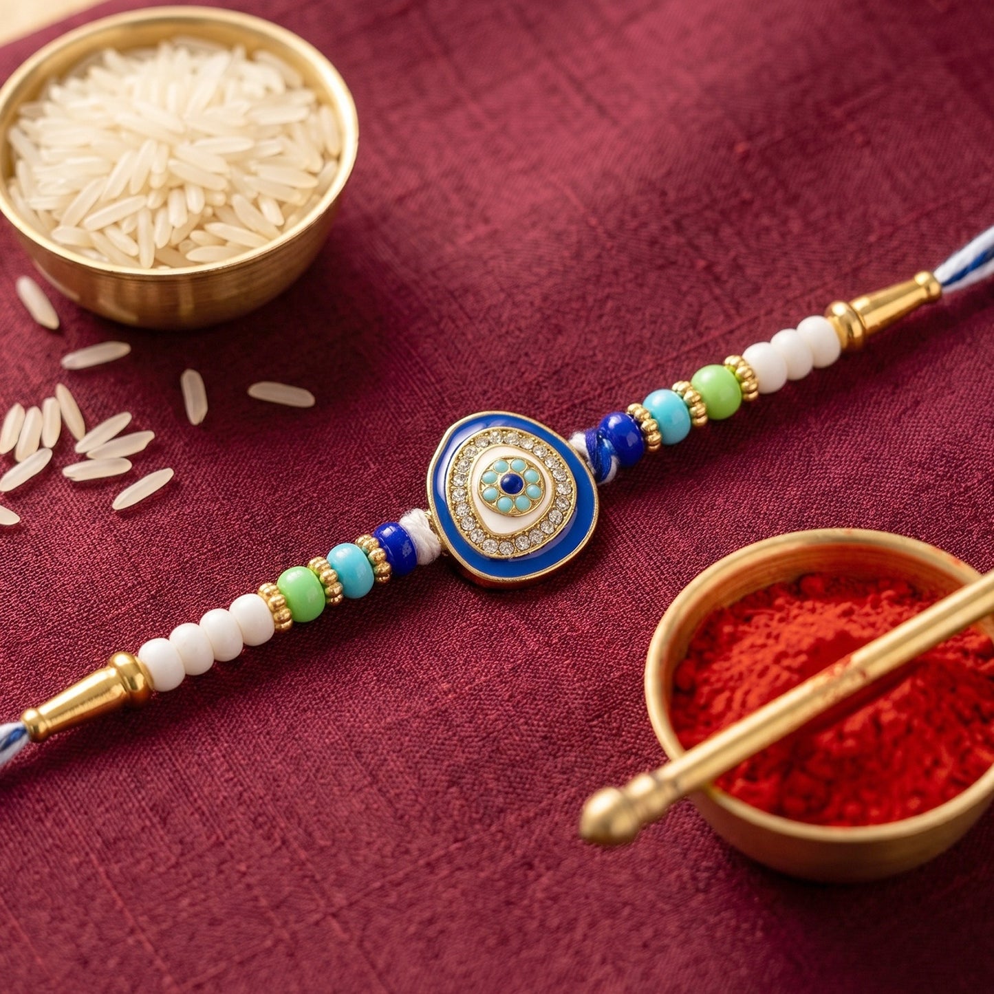Close-up of Kundan diamond centerpiece on Rakhi