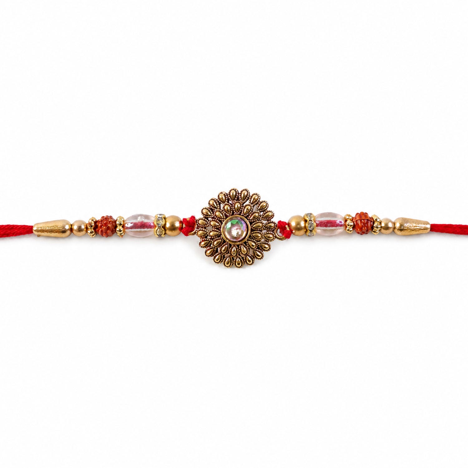 Oxidized Gold Floral Sunburst Pendant Rakhi with Rudraksha and Pearl Beads