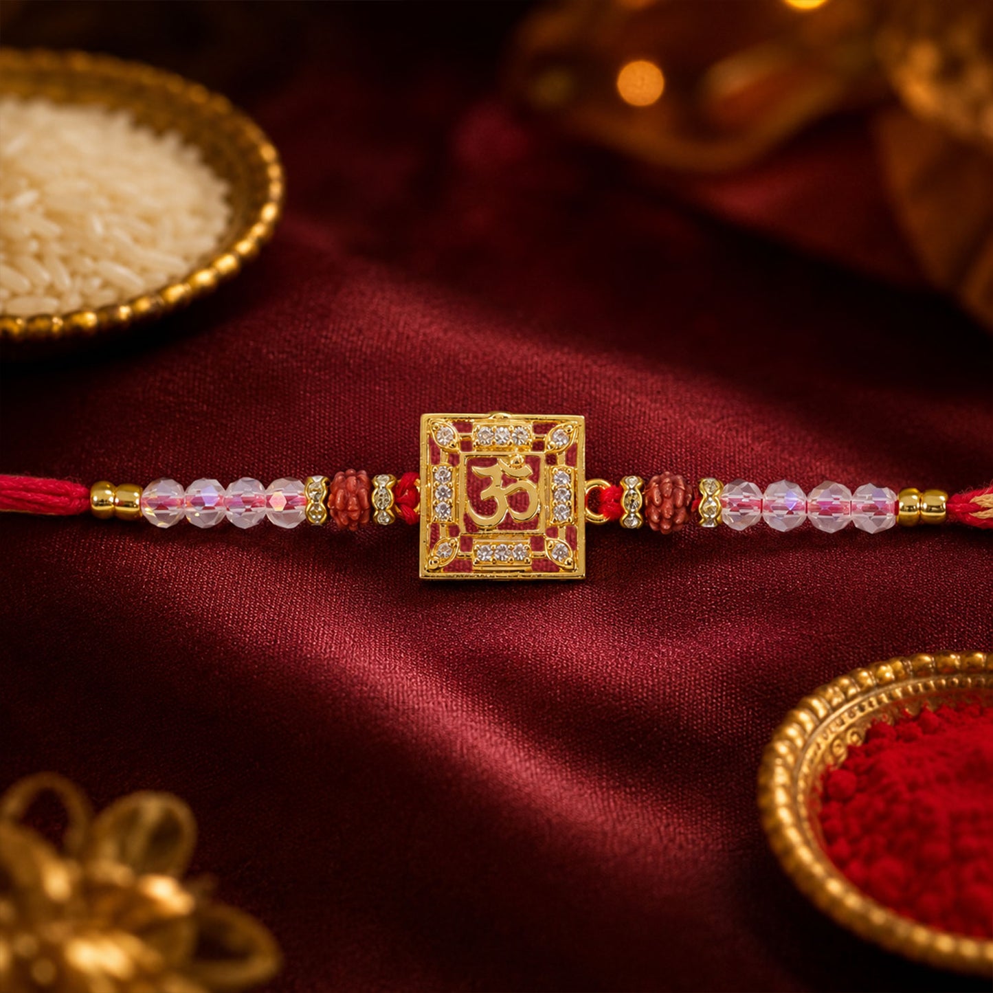 Auspicious Om Symbol AD Rudraksha Rakhi for Brother, Crystal Beads Gift