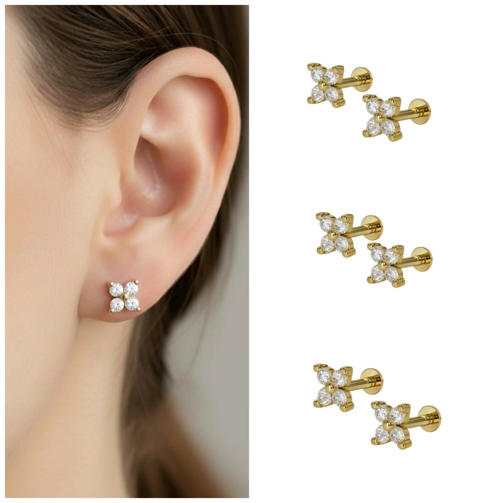 Gold plated flower stud earrings with simulated ruby and cubic zirconia halo in elegant design