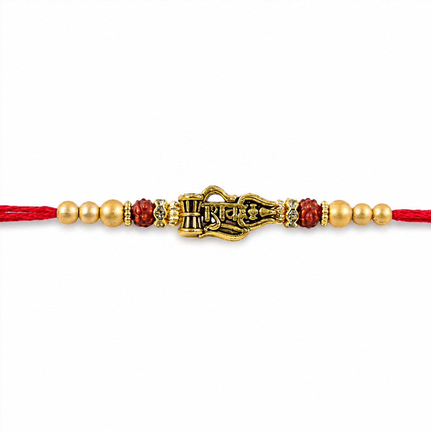 Shiv Trishul Damru Devotional Rakhi with Engraved Shiv Word, Golden Plate and Red Stones