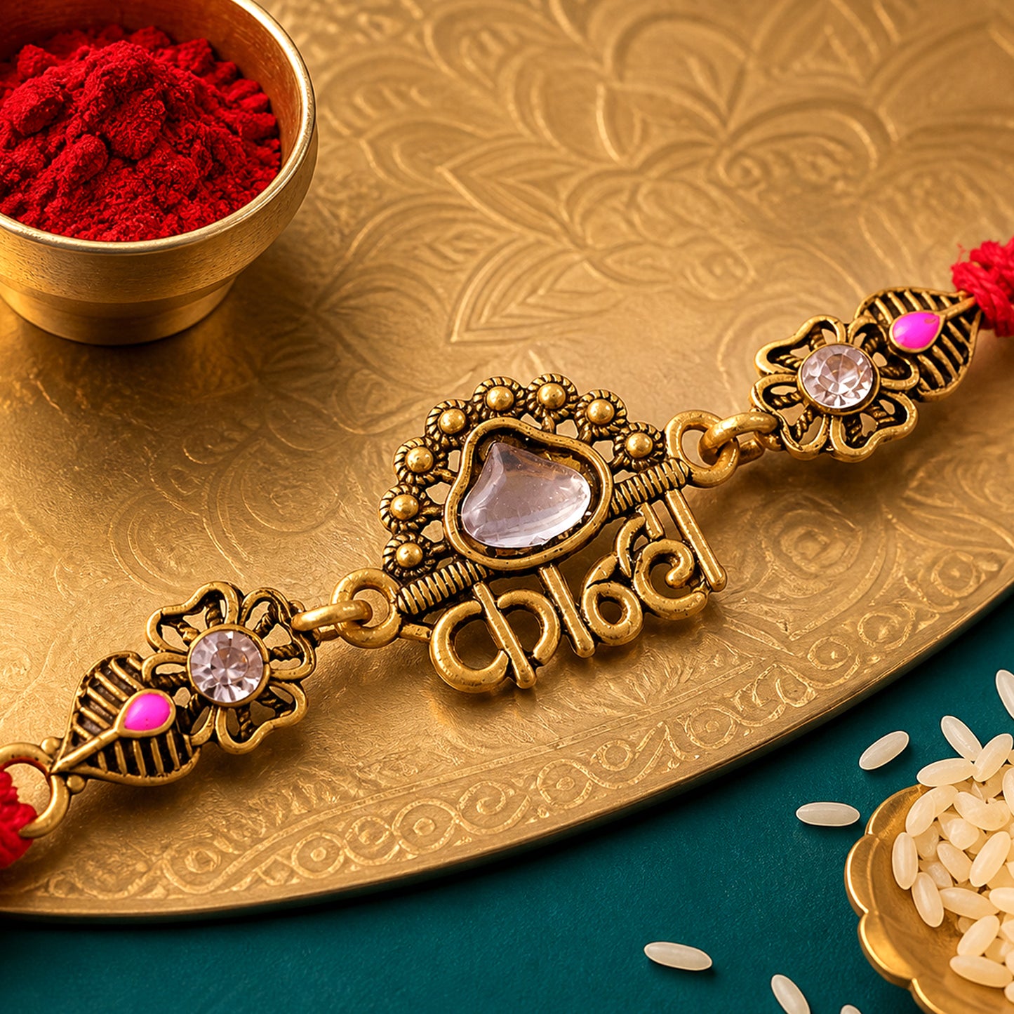 Antique Gold-Toned Kanha Rakhi with Kundan-Style Stone, Crystal Accents & Red Thread