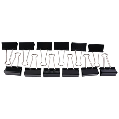 Multiple black binder clips on a desk organizer