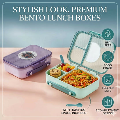 Premium Bento Lunch Box in pastel purple with three compartments and matching spoon