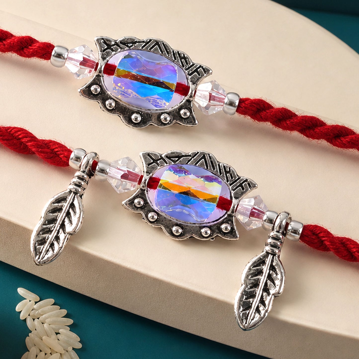 Iridescent Stone Bhaiya Bhabhi Rakhi Pair with Silver Leaf Charms for Couple Gift