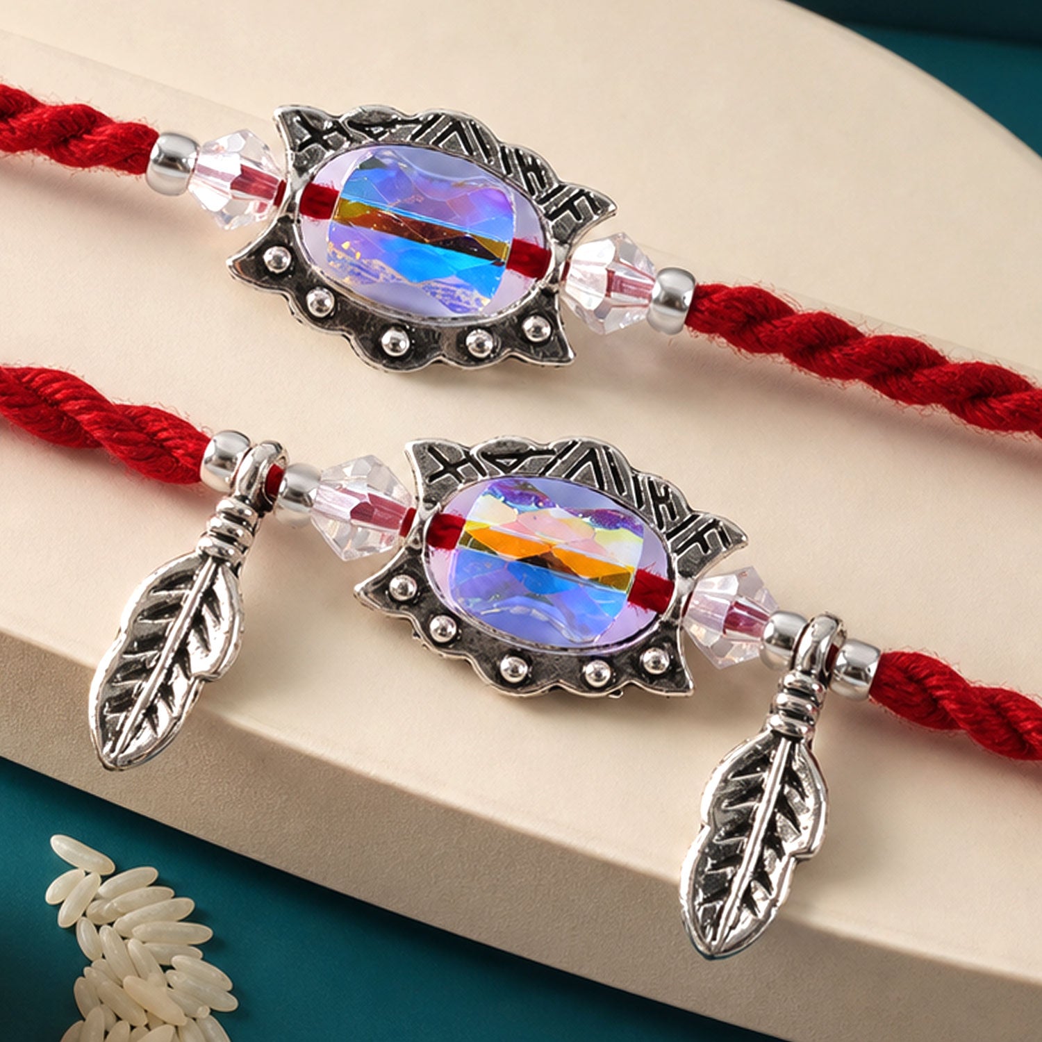 Iridescent Stone Bhaiya Bhabhi Rakhi Pair with Silver Leaf Charms for Couple Gift