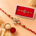 Crystal Clover Rakhi with Gold Bezels & Red Green Crystals