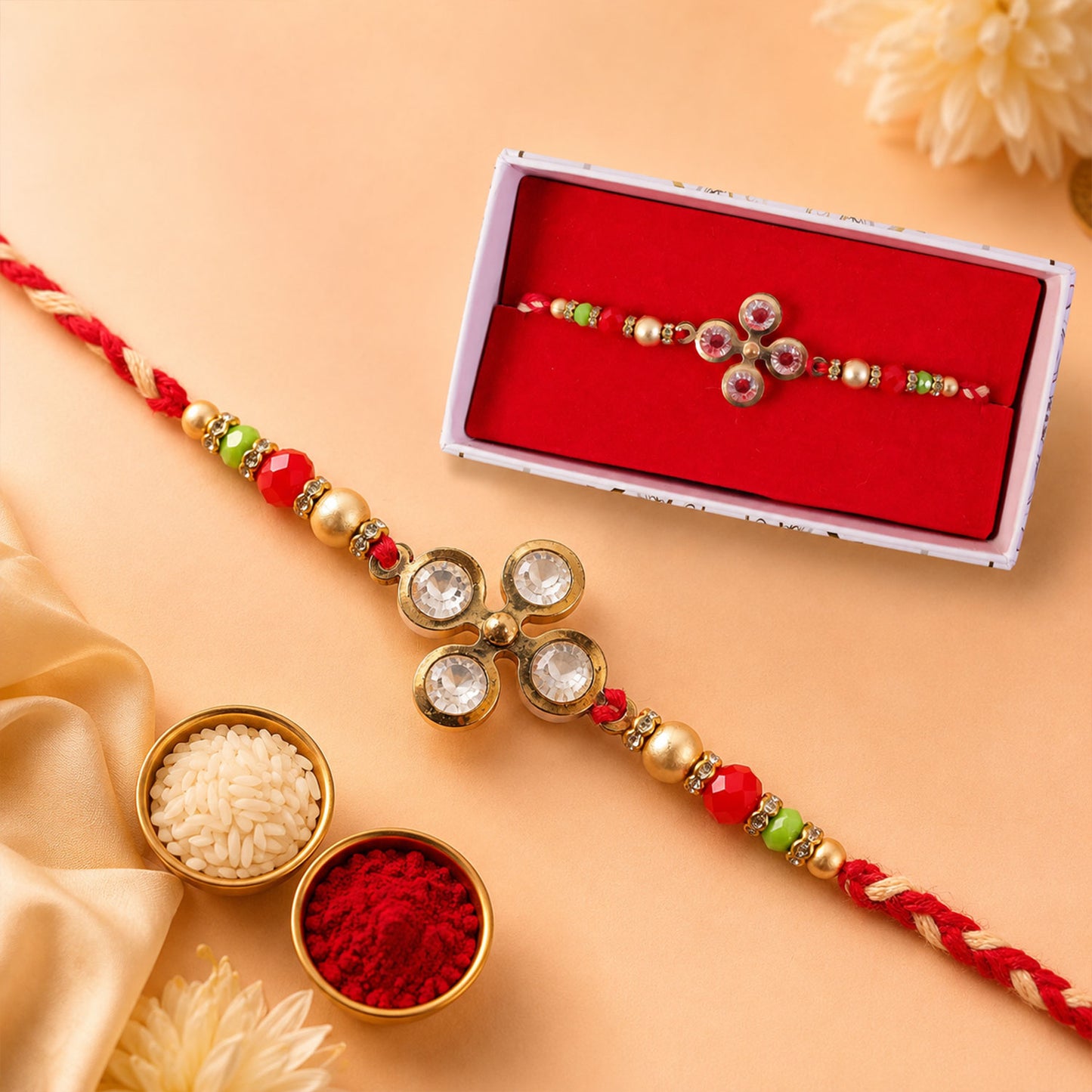 Four Crystal Clover Rakhi with Gold Bezels, Roli Chawal Coin and Floral Gift Packing