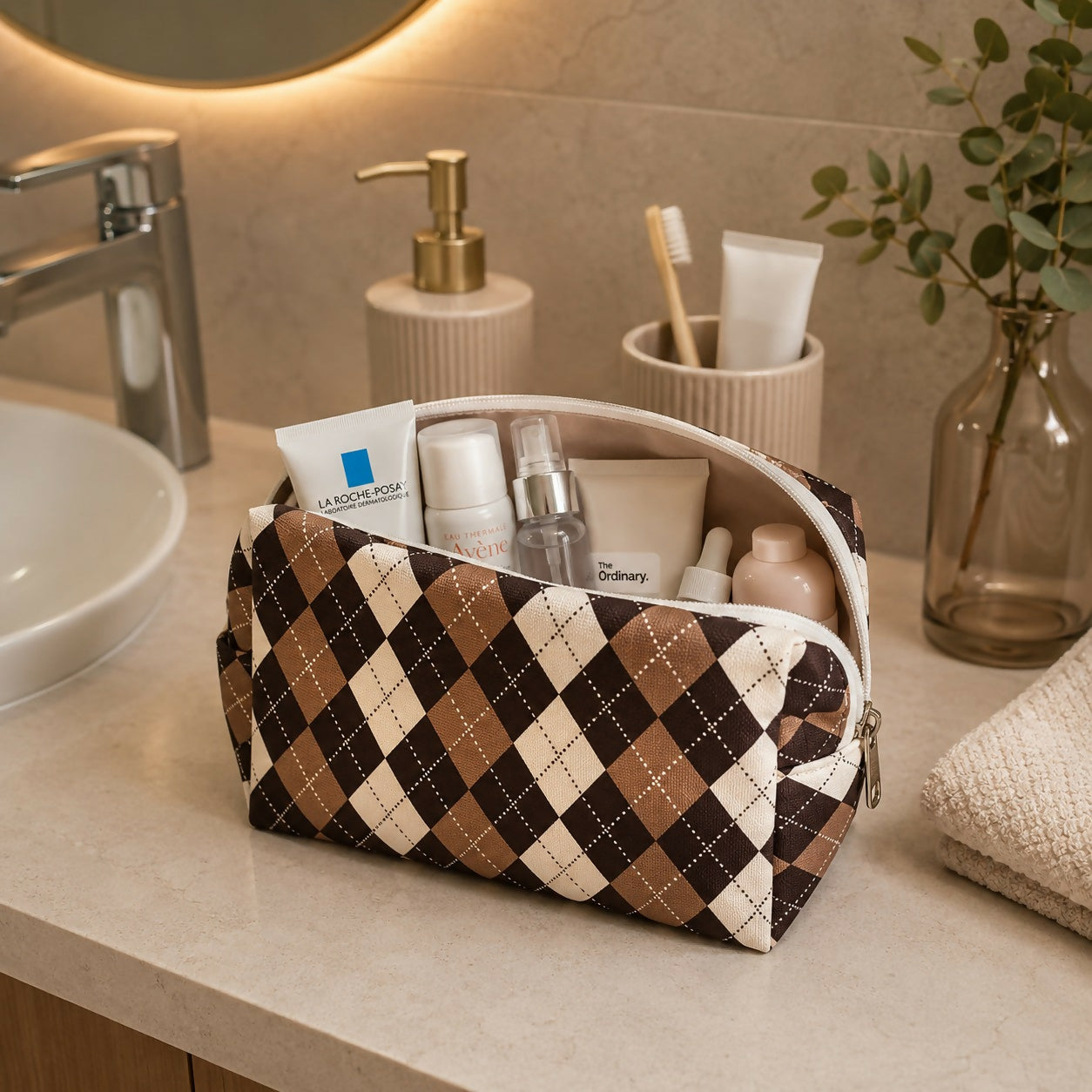 Side view of multipurpose travel makeup pouch