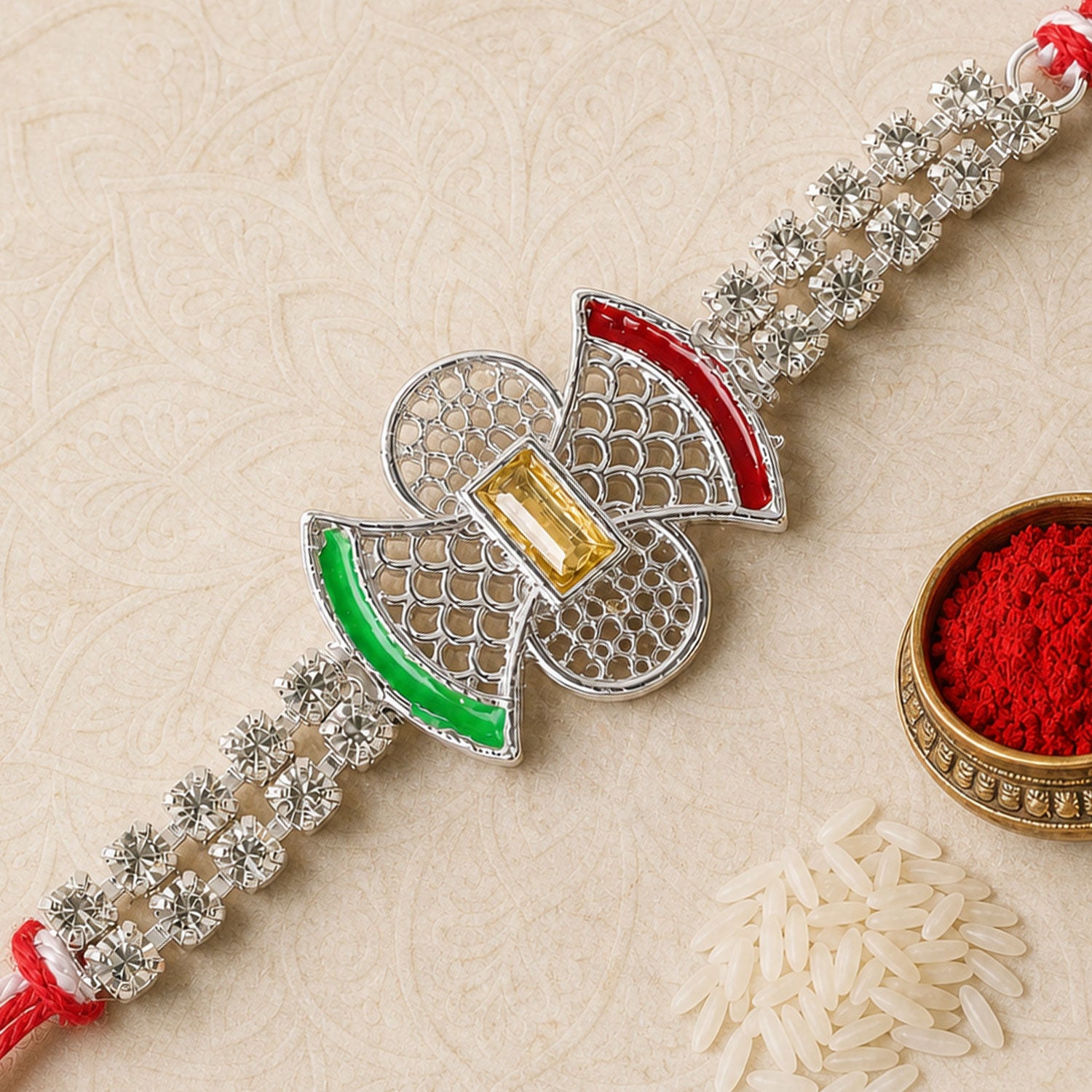 Elegant Rakhi with Butterfly Charm, color stones and wrist style for Festive Display