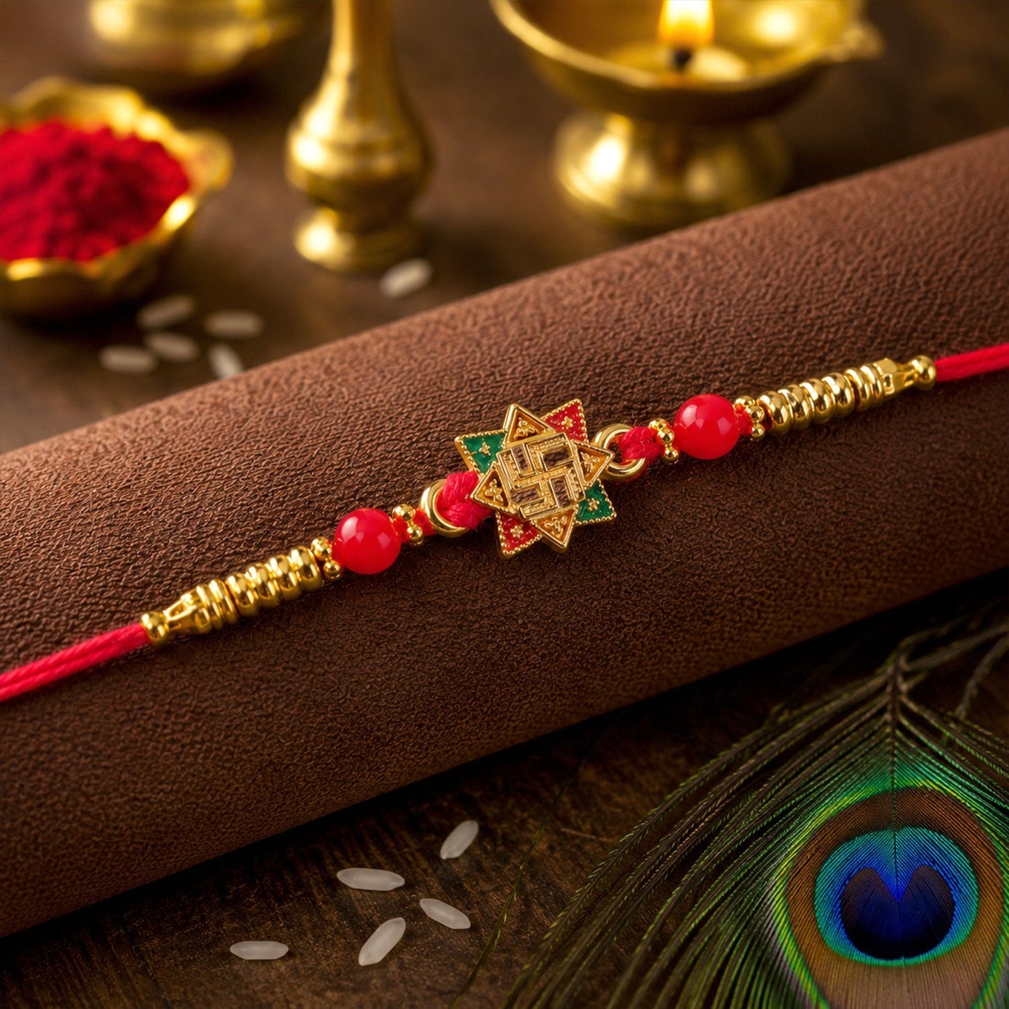 Golden Swastik Motif Rakhi with Enamel and Beadwork for Brother (10pcs)