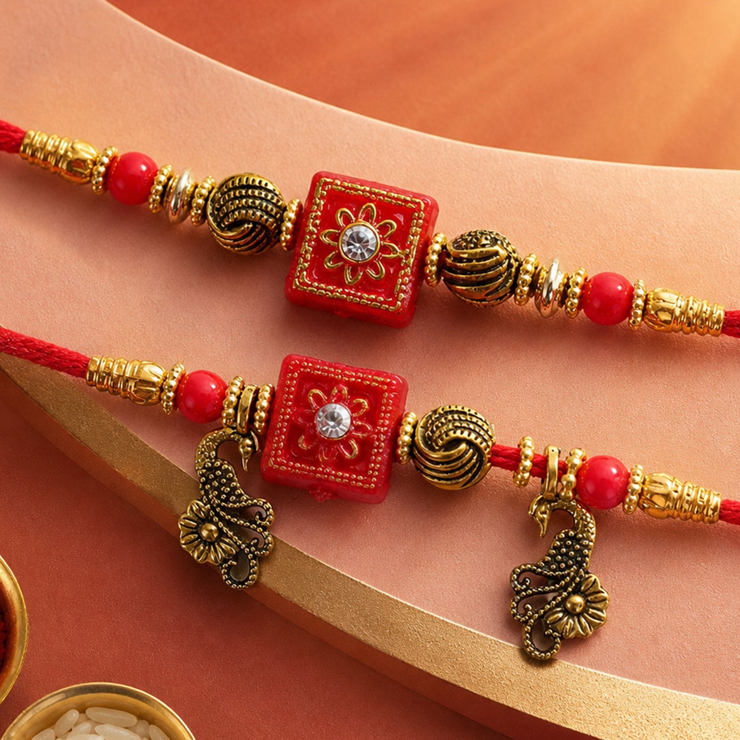 Classic Geometric Square Bhai Bhabhi Rakhi with Square Bead and Leaf Charm for Gift