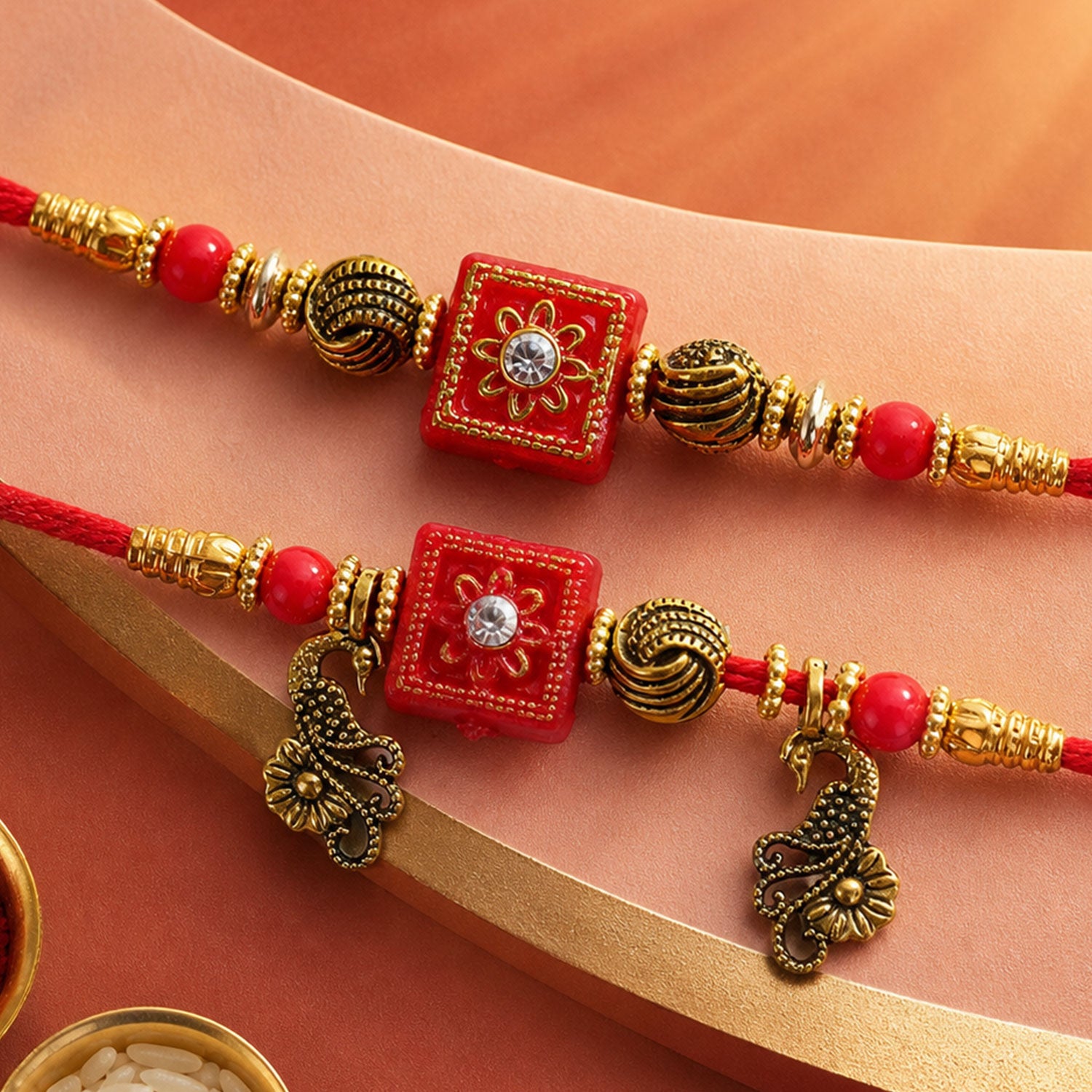 Classic Geometric Square Bhai Bhabhi Rakhi with Square Bead and Leaf Charm for Gift