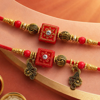 Classic Geometric Square Bhai Bhabhi Rakhi with Square Bead and Leaf Charm for Gift