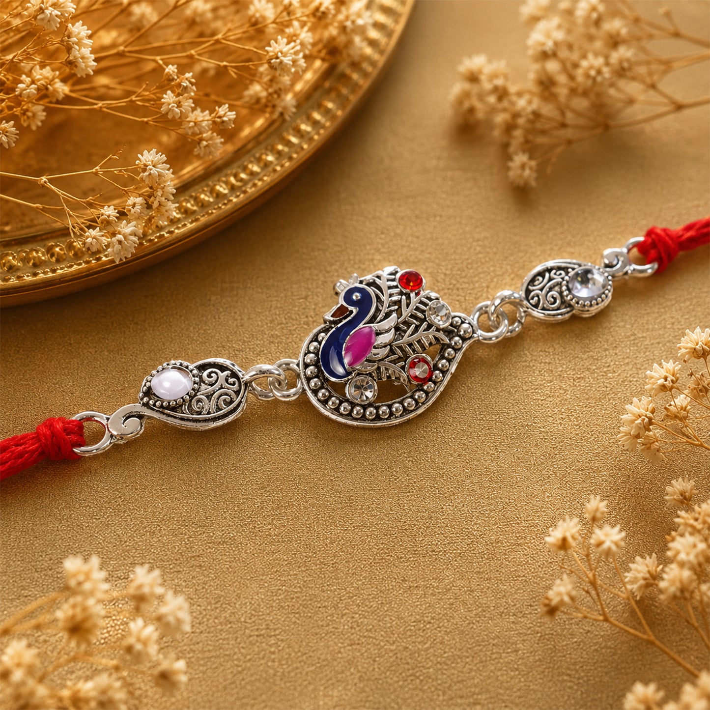 Silver-Toned Peacock Rakhi with Pink-Blue Enamel, Crystal Accents & Red Thread for Brother
