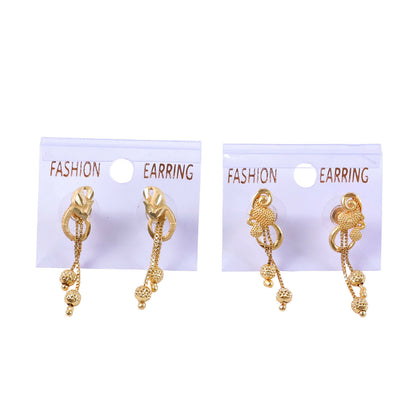 Chic Gold Chain Drop Earrings with Triple Hanging Beads and Sculpted Top Deign (2 Pair)