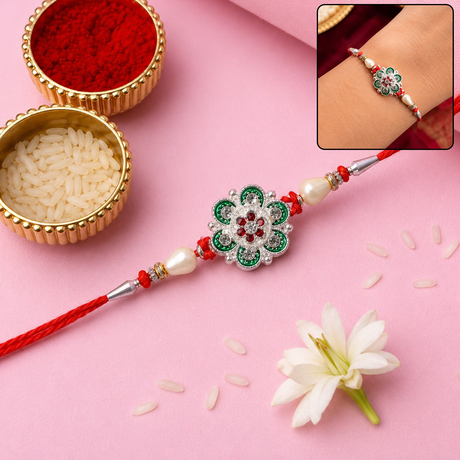 Green Flower Rakhi with Red Beads and Pearl Thread Styling