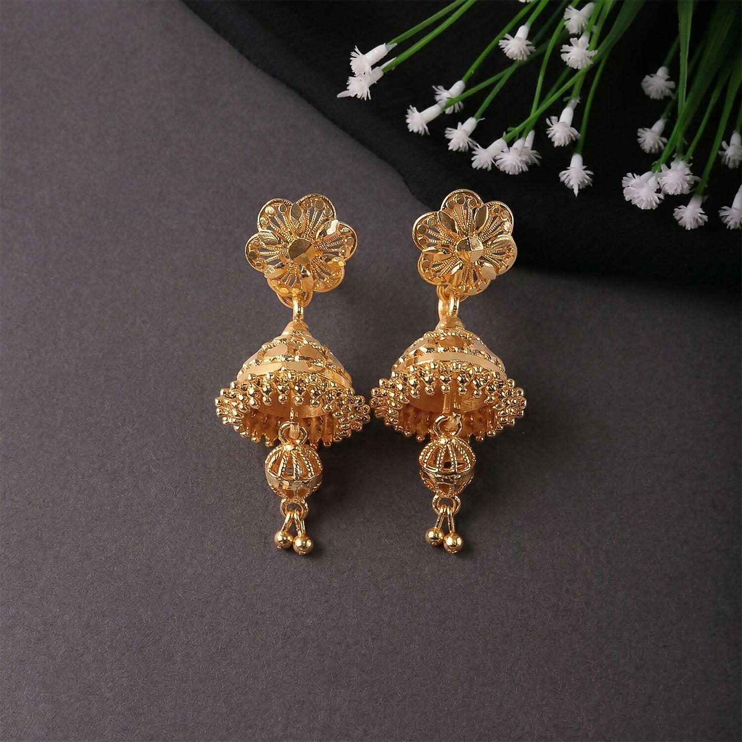 Designer Floral Top Gold Jhumka Earrings – Festive Collection