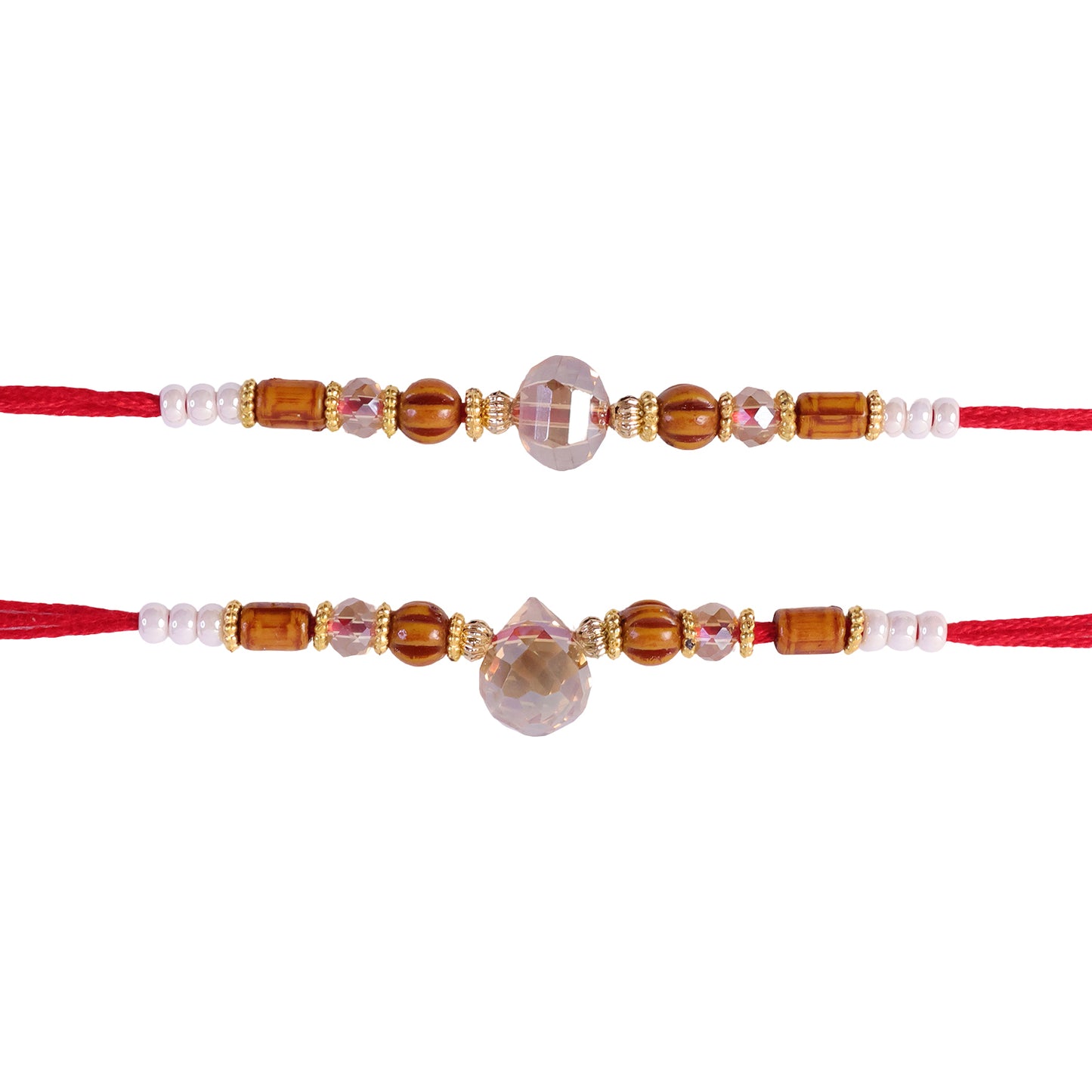 Couple Rakhi Set with Amber Wooden Beads and Faceted Crystal Drops for Bhaiya Bhabhi