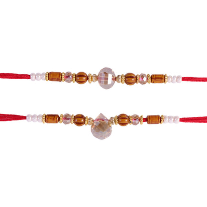 Couple Rakhi Set with Amber Wooden Beads and Faceted Crystal Drops for Bhaiya Bhabhi