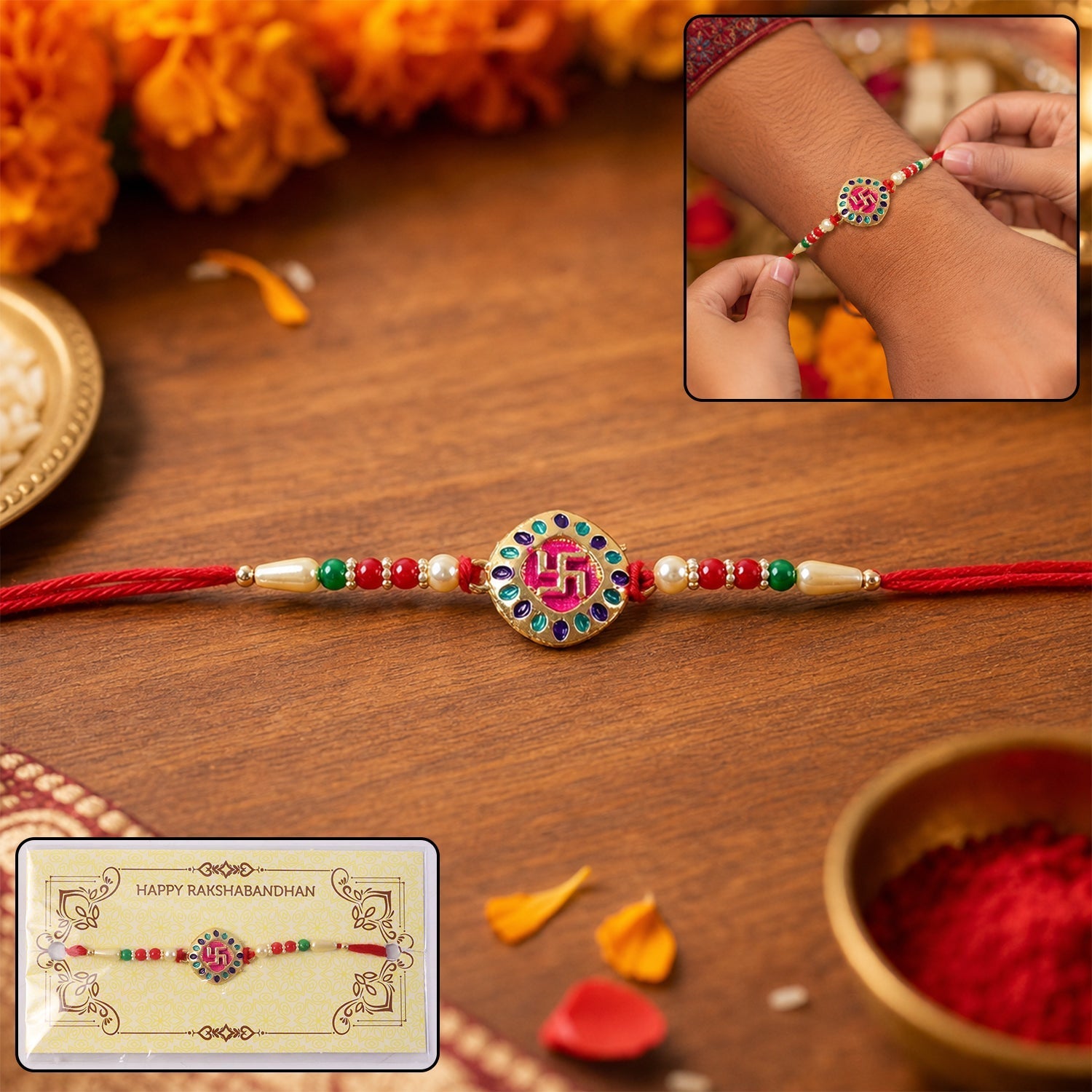 Swastik Rakhi for Brother Auspicious Beaded Design (5pcs)